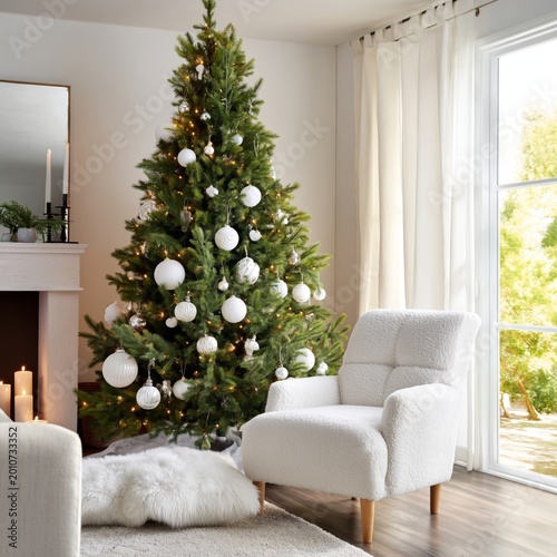Christmas Tree Decorated With White Ornaments Near Cozy Chair and Fireplace i...