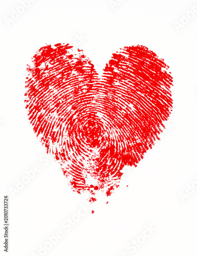 Red heart shape made from fingerprints isolated on a white background. Creative concept for love, romance, identity, and unique connection. Ideal for Valentine's Day designs