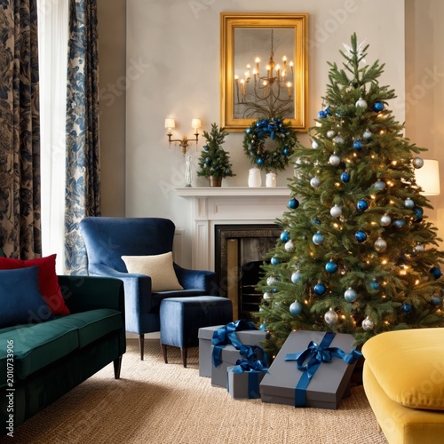 Holiday Decorations in a Living Room With a Christmas Tree and Gifts