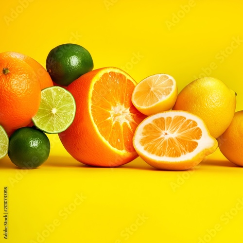 Fresh Citrus Fruits Arranged on a Bright Yellow Background During Daylight