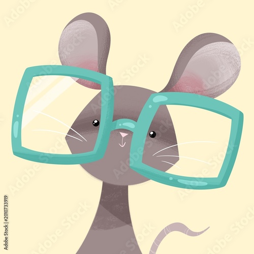 Cute cartoon mouse with big glasses, minimalist kids illustration, nursery art