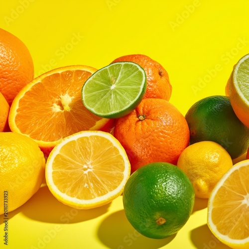 Fresh Citrus Fruits Arranged on a Bright Yellow Background During Daylight