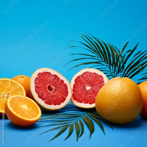 Fresh Fruits on a Blue Background With Palm Leaves Showing Grapefruit, Orange...