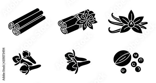 Photos 6 Spice silhouette icons cinnamon sticks star anise vanilla clove nutmeg, solid