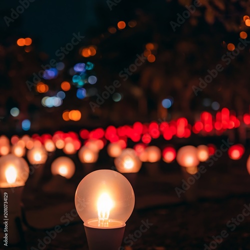 Colorful Lights Shine in a Park During an Evening Gathering With Friends and ...