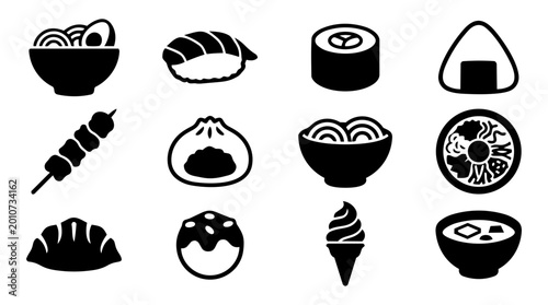 Obraz na plátně Japanese and Korean Food Silhouette Icon Set – Ramen, Sushi, Bibimbap, Udon and