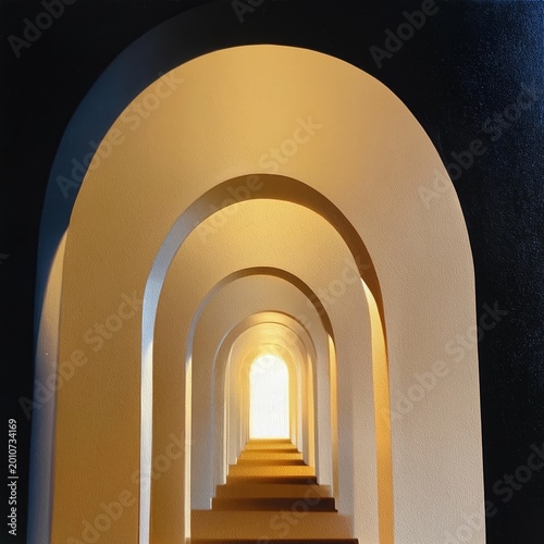 Patterns of Arches Lead to Light in a Corridor With Steps During Daytime