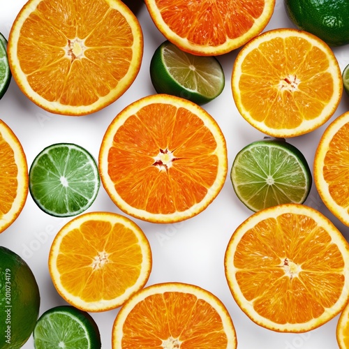 Fresh Citrus Fruits Arranged on a White Background With Oranges and Limes Sli...