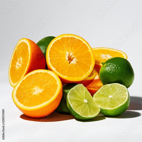 Fresh Oranges and Limes Rest on a White Surface Under Natural Light in an Out...