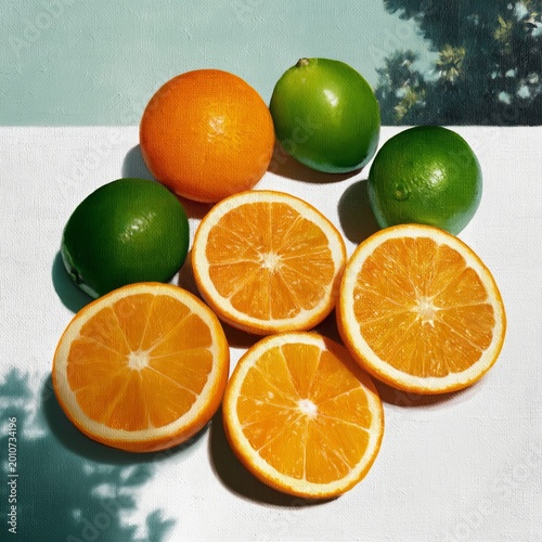 Fresh Oranges and Limes Rest on a White Surface Under Natural Light in an Out...