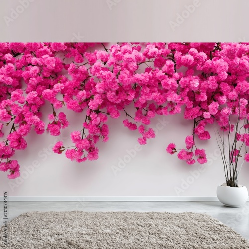 Large Pink Flowers Decorate Wall in Modern Room With Simple Decor and Plant