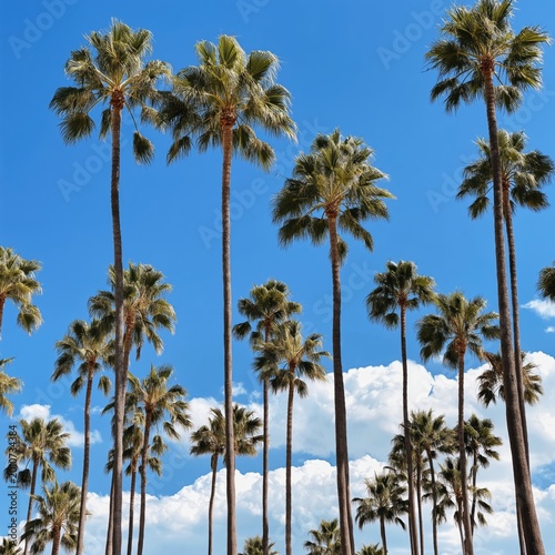 Tall Palm Trees Rise Against a Bright Blue Sky Filled With Soft Clouds