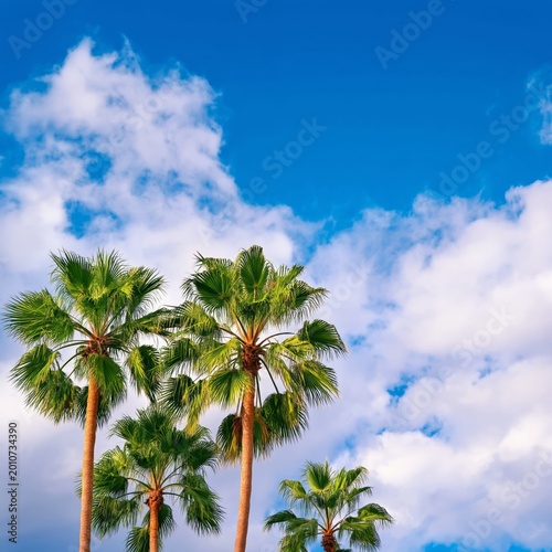 Tall Palm Trees Rise Against a Bright Blue Sky Filled With Soft Clouds