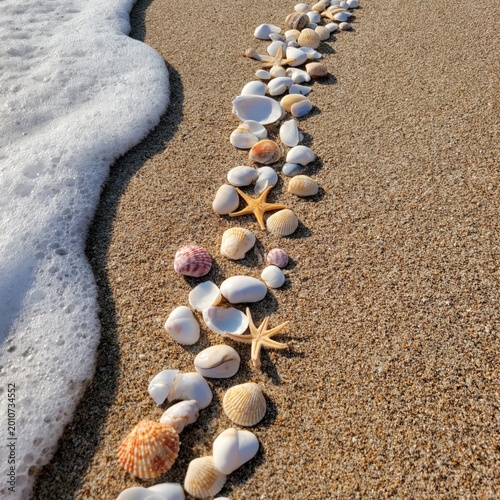 Shells and Starfish Are Arranged on the Sandy Beach Near the Ocean Waves Duri...