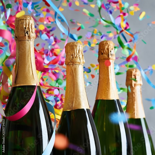 Celebration With Champagne Bottles and Colorful Confetti at a Festive Event i...