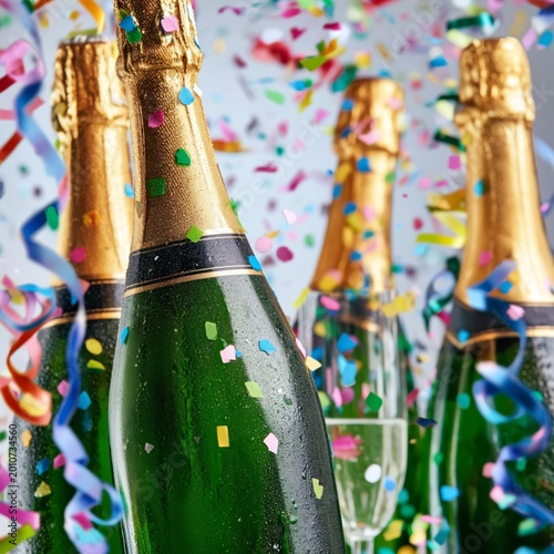 Celebration With Champagne Bottles and Colorful Confetti at a Festive Event i...