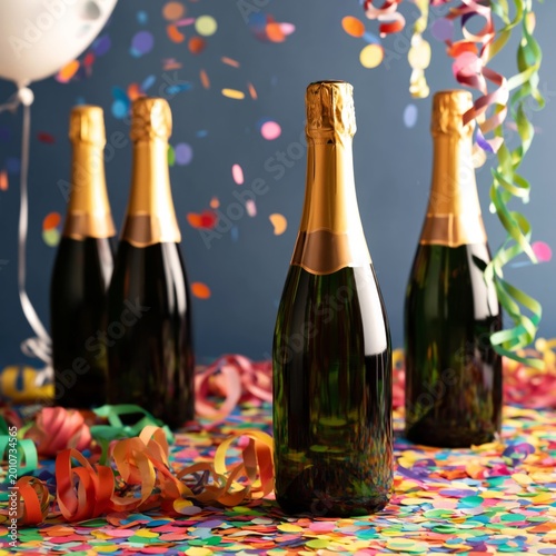 Celebration With Champagne Bottles and Colorful Confetti at a Festive Event i...