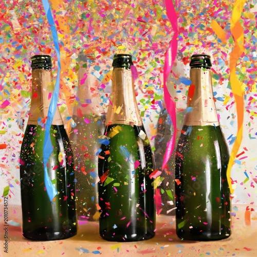 Champagne Bottles With Colorful Confetti and Streamers at a Celebration Event