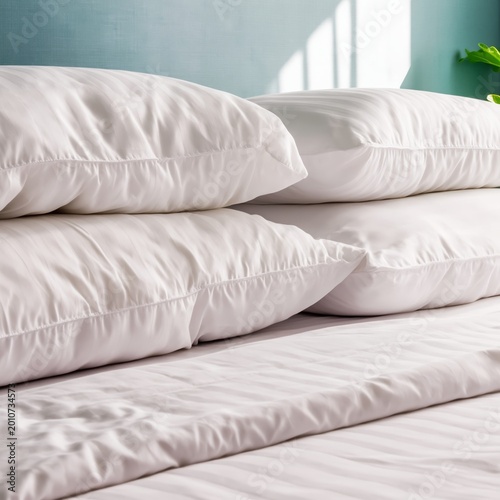 Soft Pillows Stacked Neatly on a Bed Covered With White Sheets in a Bright Ro...