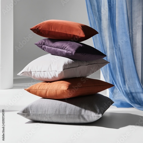 Soft Pillows Stacked Neatly on a Bed Covered With White Sheets in a Bright Ro...