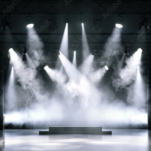 Bright Lights Shine on an Empty Stage With Smoke Effects Before a Performance