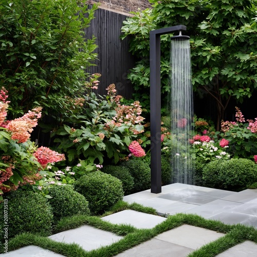 Outdoor Shower Surrounded by Flowers and Plants in a Private Garden Setting