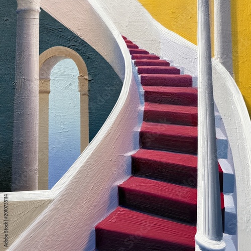 Stairs Winding up to an Arch in a Colorful Interior Space With Bold Walls and...