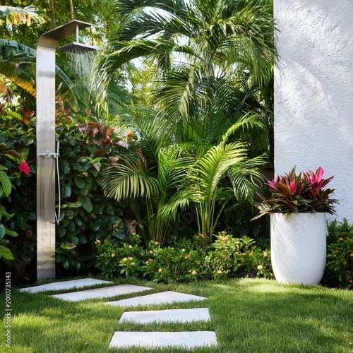 Outdoor Shower Surrounded by Flowers and Plants in a Private Garden Setting