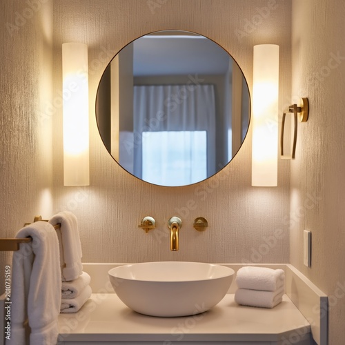 Modern Bathroom With Round Mirror and Bright Lights in a Hotel Suite in the E...