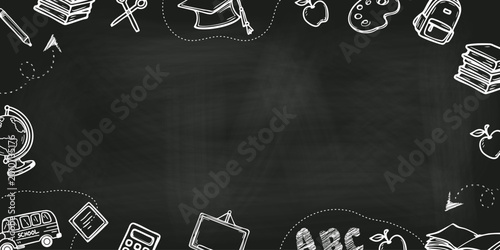 Bild auf Leinwand Blackboard background with hand drawn school doodles including books, globe, backpack, bus, and graduation cap