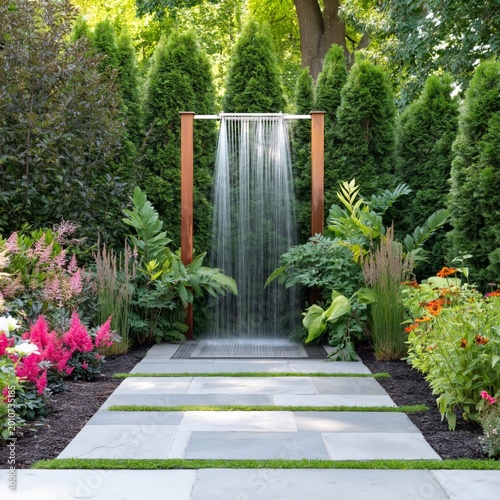 Outdoor Shower Surrounded by Flowers and Plants in a Private Garden Setting