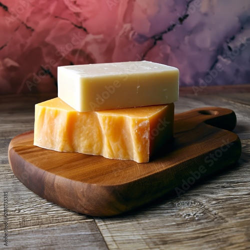 Cheese Blocks on a Wooden Cutting Board With a Colorful Background in a Kitch...
