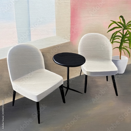 Bright Chairs and Table in Modern Room Setting With Colorful Accents and Simp...