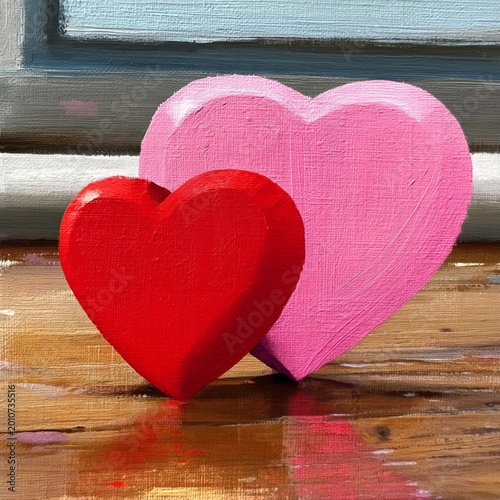 Wooden Hearts Placed on a Table, With a Window in the Background During the D...