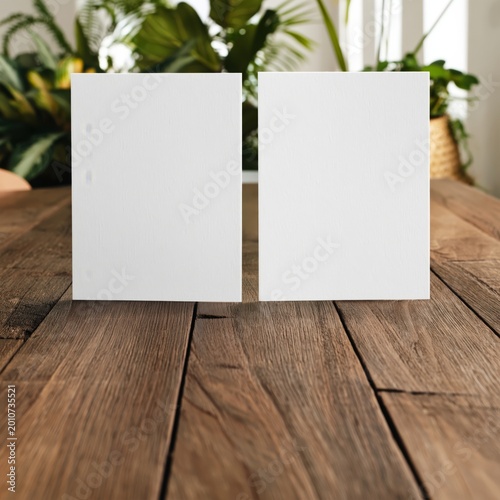 Blank Cards on a Wooden Table Surrounded by Plants in a Natural Light Setting