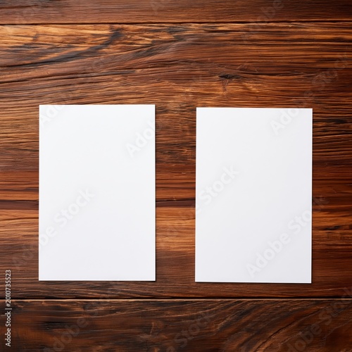 Blank Cards on a Wooden Table Surrounded by Plants in a Natural Light Setting
