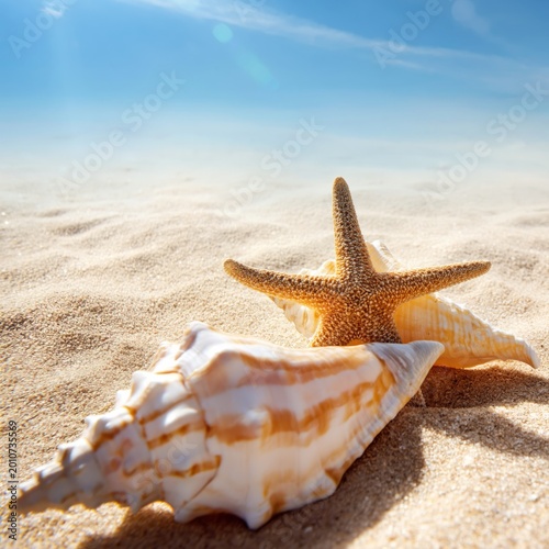 Shells and a Starfish on Sandy Beach by Ocean Waves