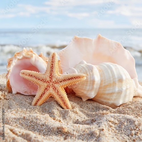 Shells and a Starfish on Sandy Beach by Ocean Waves