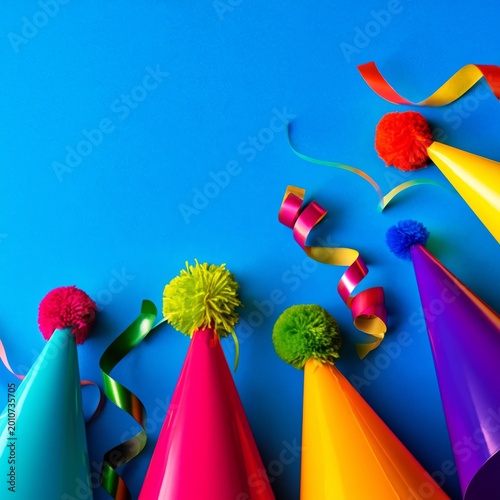 Colorful Party Hats With Ribbon Decor on a Blue Background for a Festive Gath...