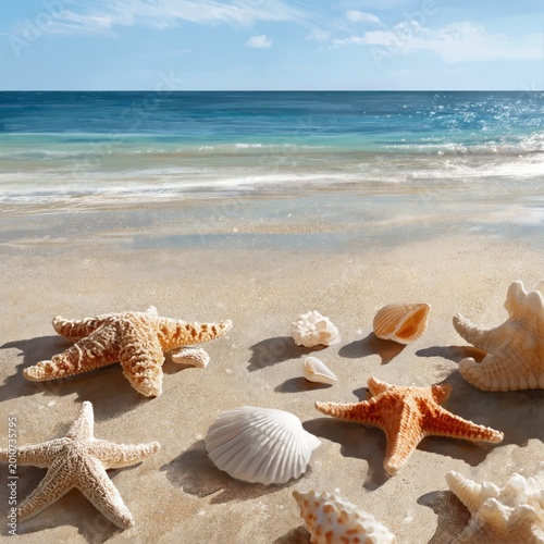 Shells and Starfish on a Sandy Beach With Waves Under Clear Blue Sky