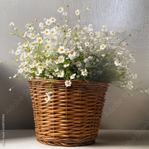 Flowers in a Wicker Basket Placed on a Simple Surface in a Bright Room
