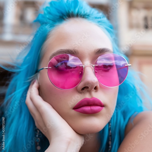 Young Woman With Blue Hair and Pink Sunglasses in a City Setting on a Sunny Day