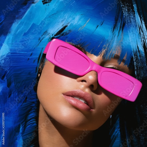 Bright Blue Hair and Pink Sunglasses Create a Striking Look for a Fashion Shoot