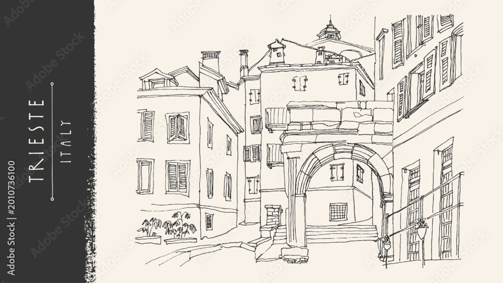 Fototapeta premium Trieste Italy sketch. City buildings architecture, street landscape. Vintage Italian illustration, hand drawn vector line art. Ancient town, postcard graphic, historic romantic European travel poster