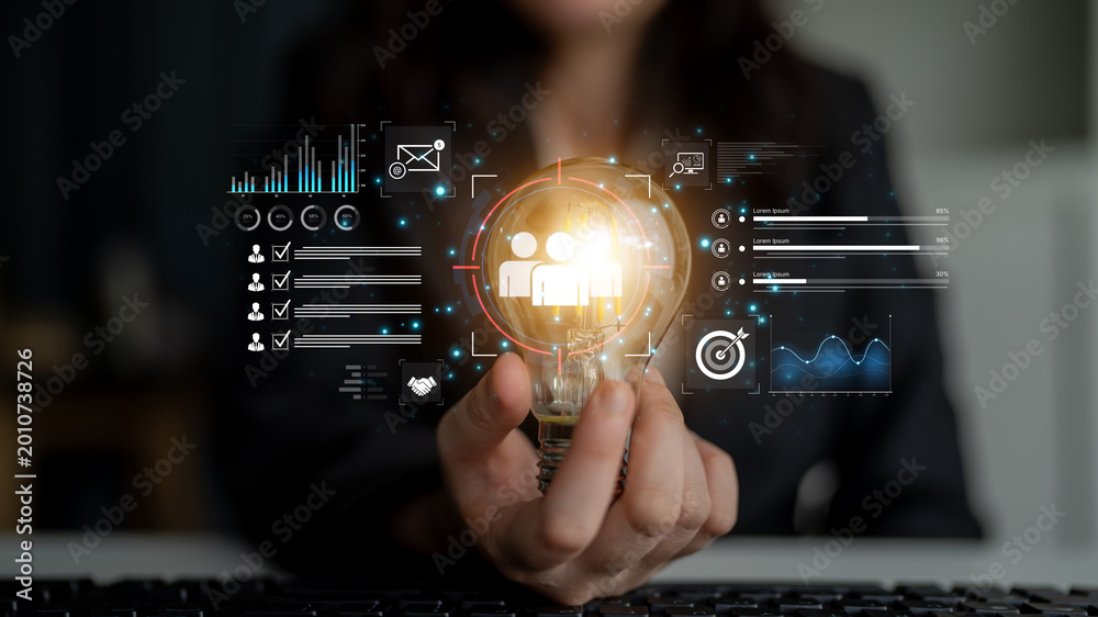 Naklejka premium A dashboard for customer relationship management (CRM). The data analysis and market research help to identify a target audience and understand customer reviews and behavior. Fermion