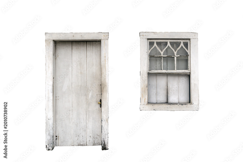 Fototapeta premium Brazilian colonial architectural composition with a rustic white door and an ornate window in aged wood, transparent background, evoking Brazilian historical and cultural heritage.