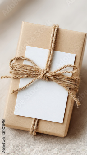Simple gift box wrapped in brown paper with twine and blank card on linen fabric