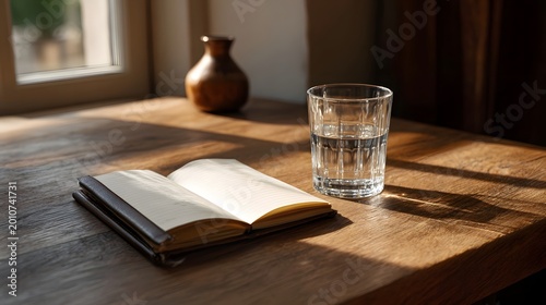An open journal and glass of water sit on a rustic wooden table illuminated by soft natural window light evoking a calm and thoughtful atmosphere