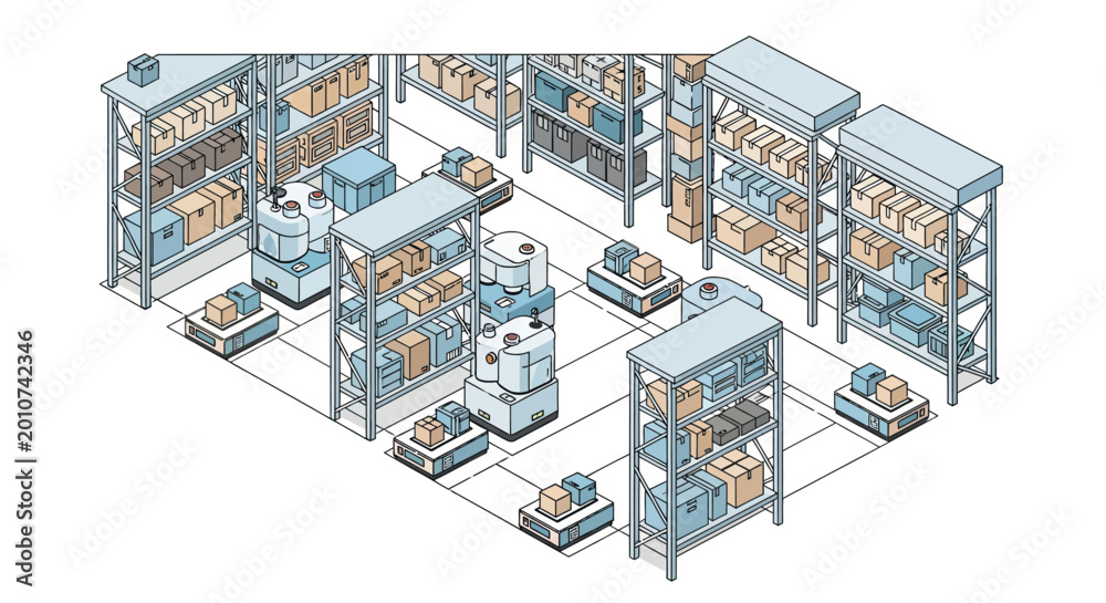 Obraz premium Isometric warehouse with automated storage and robot technology