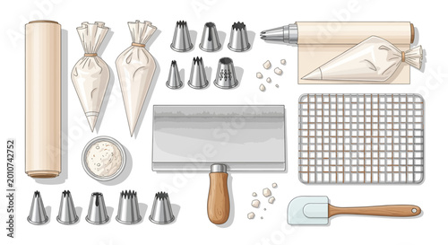 Fotografía Baking tools collection with piping bags, tips, and spatula in realistic style